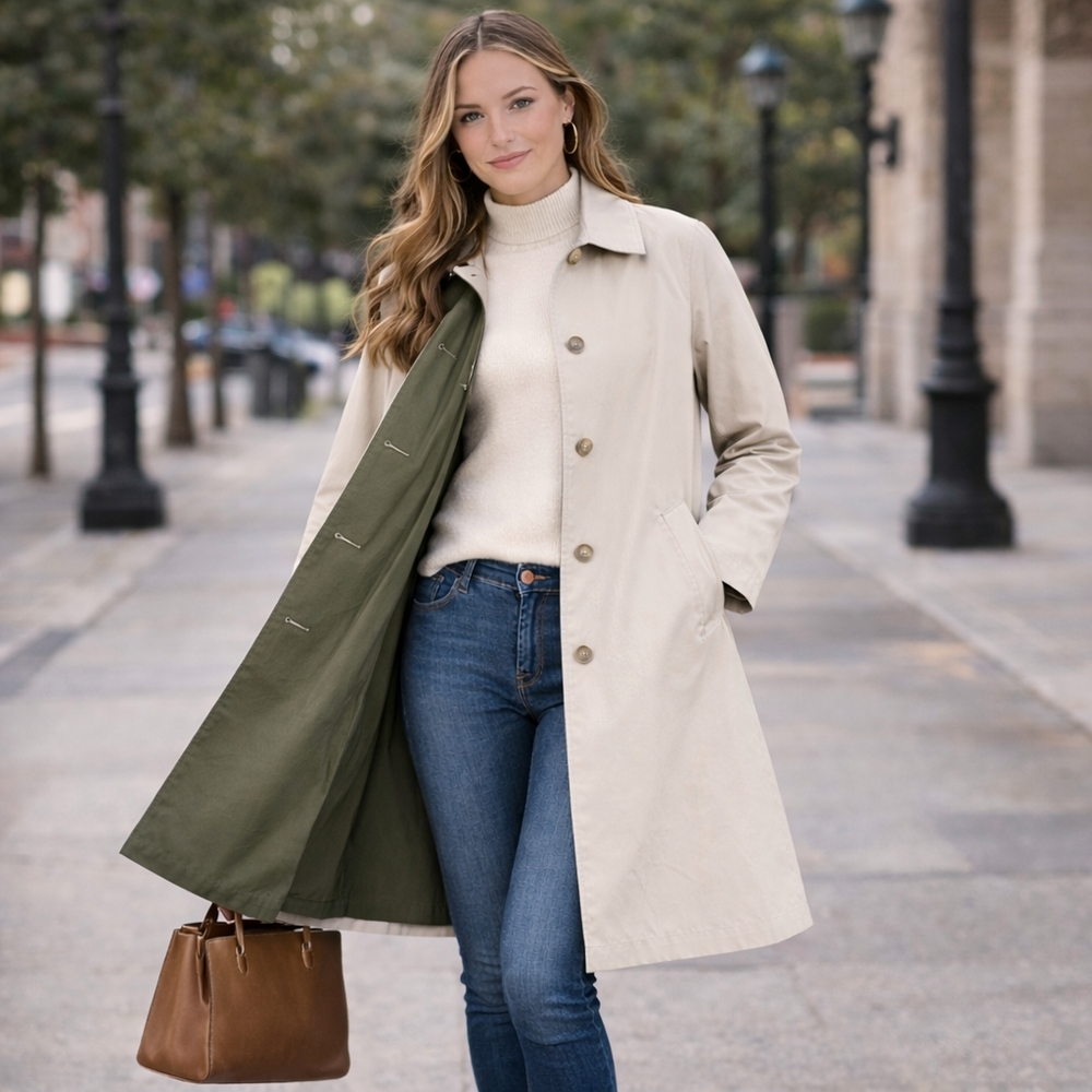 Classic Women's Reversible Trench Coat - Cream with Olive Lining